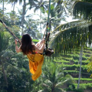 Young woman swinging in the jungle rainforest of Bali, Indonesia